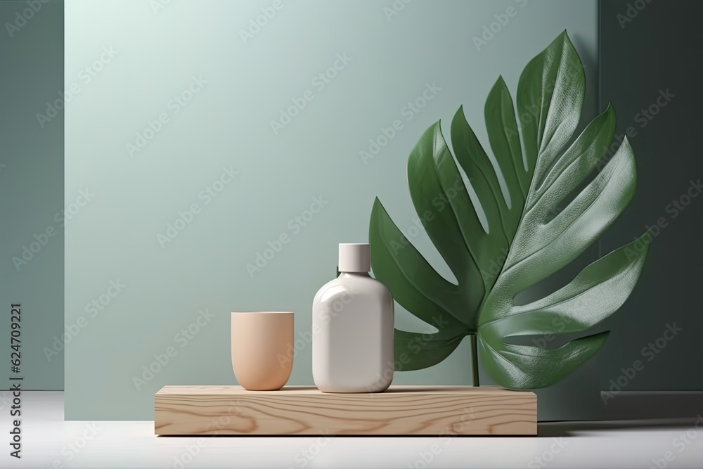 Poster pedestal with a green leaf and a cosmetic bottle against a gray backdrop. minimal backdrop for the display of the product. Background and podium made of cosmetic bottles. Generative AI