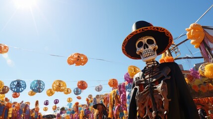 Man with Mexican Sugar Skull Makeup, Day of the Dead, Dia De Los Muertos. Generative Ai - obrazy, fototapety, plakaty