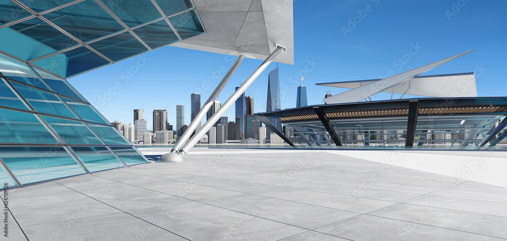 Poster 3d empty concrete floor with polygon shape design modern building exterior