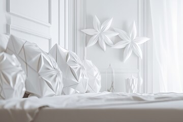 over a blurring classic bedroom, white architecture interior design concept, five soft white pillows in the shapes of stars or flowers are placed on a white table, desk, or shelf. Generative AI