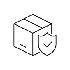 Package protection. Box with shield icon line style isolated on white background. Vector illustration
