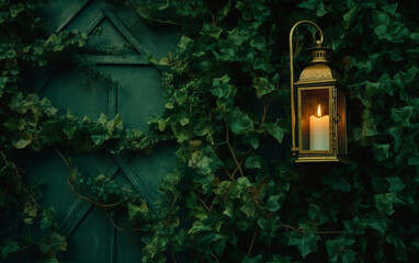 A green wall with a lantern and a candle on it