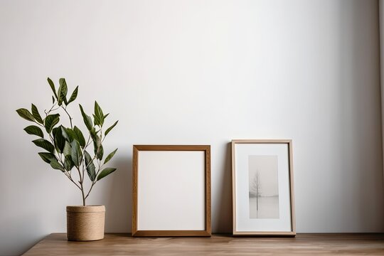 On a wooden desk with a white wall background and a white picture frame with a micro leaf green plant tree in a silver pot as a small home decoration, there is a copy area. Generative AI