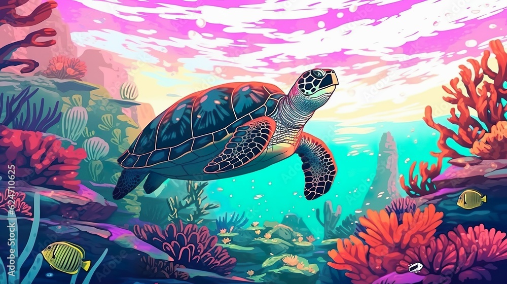 Poster abstract background sea turtle. the intricate illustration of a sea turtle against an abstract backg