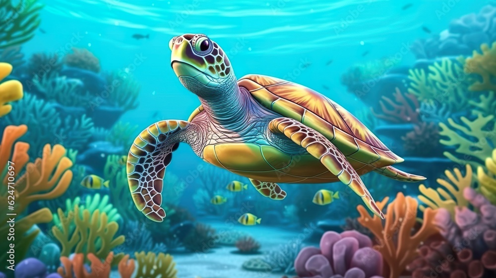 Poster abstract background sea turtle. depths of creativity with an illustration of a sea turtle on an abst