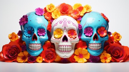 Mexican Sugar Skulls on White Background, Day of the Dead, Halloween Dia De Los Muertos. Generative Ai