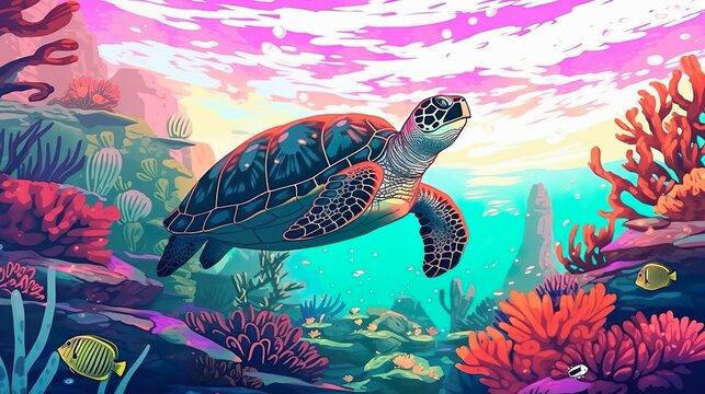 Abstract background sea turtle. The intricate illustration of a sea turtle against an abstract background creates a stunning visual composition. Generative AI.