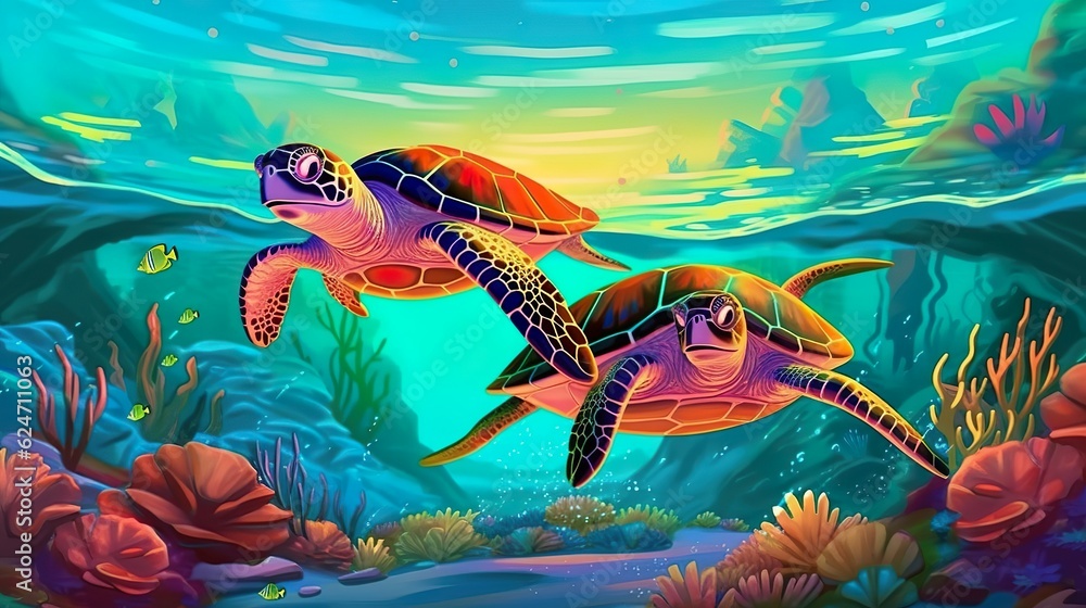 Poster abstract background sea turtle. the harmonious blend of an abstract background and an illustrated se