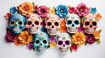 Mexican Sugar Skulls on White Background, Day of the Dead, Halloween Dia De Los Muertos. Generative Ai