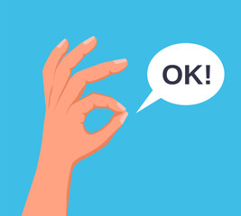 Hand OK sign. Communication gestures concept. Vector illustration isolated on colorful background, flat cartoon design