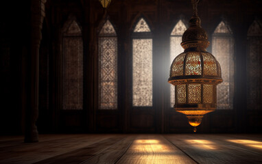A lamp in a mosque with the light shining through it