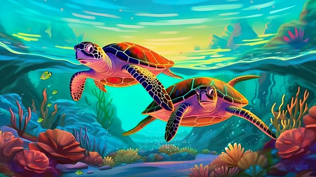 Abstract background sea turtle. The harmonious blend of an abstract background and an illustrated sea turtles evokes a sense of tranquility. Generative AI.