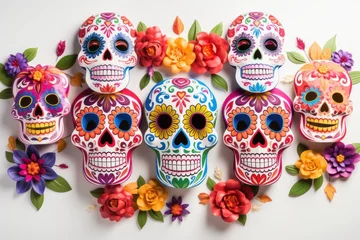 Muurstickers Schedel Mexican Sugar Skulls on White Background, Day of the Dead, Halloween Dia De Los Muertos. Generative Ai