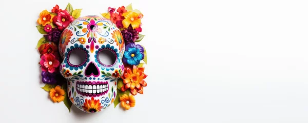 Rolgordijnen Schedel Day of the Dead Banner, Mexican Sugar Skulls on White Background, Dia De Los Muertos. Generative Ai