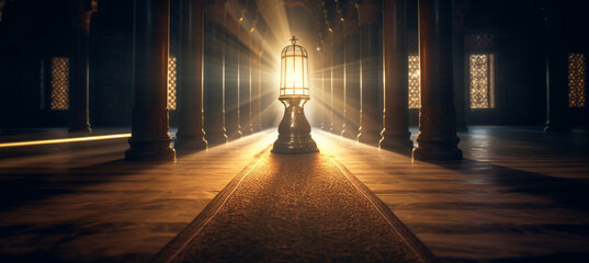 A lamp in a mosque with the light shining through it