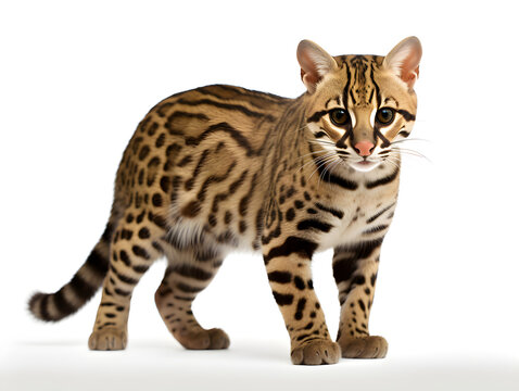 "Ocelot wild cat Males are larger than females. It has short, soft fur, rounded ears, and
 large front paws. The color is similar to that of a leopard. Generative AI. Illustration."
