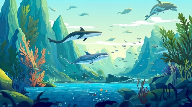 Abstract background whales. Intricate illustration showcasing the grace and beauty of a whale in oceanic composition. Generative AI.