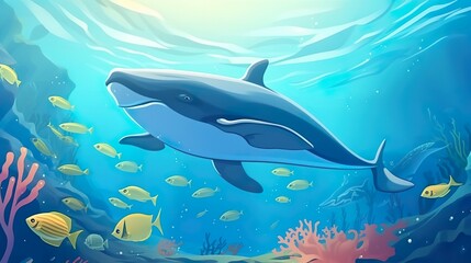 Obraz na płótnie Canvas Abstract background whales. The fusion of background and illustrative elements brings to life the awe-inspiring presence of a whale in the vast ocean. Generative AI.