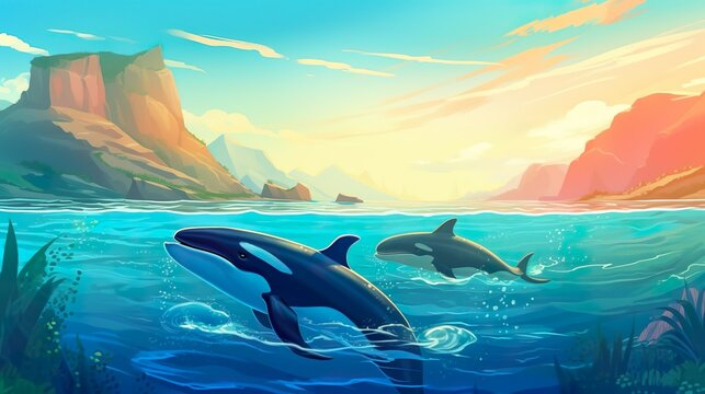 Abstract background whales. The combination of background and detailed illustration creates a captivating image of a whale gracefully swimming in the ocean. Generative AI.