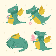 Obraz premium Set with cute green dragon. Vector illustrations