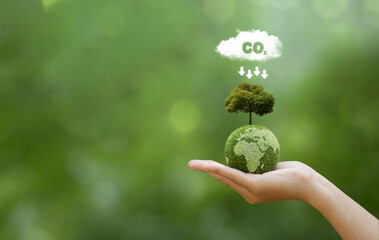 Hand holding green earth with map and have CO2 white cloud on top. Reduce CO2 emissions to limit...