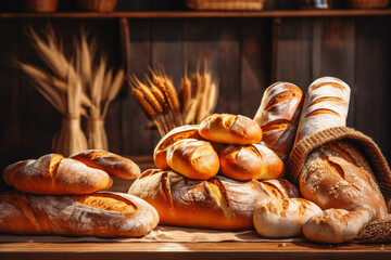 Bakery with breads and baked goods. Fresh bread, baguettes, buns, rolls and baked goods. Generative AI