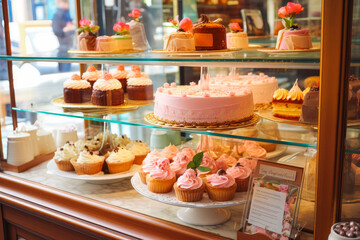 Cake shop display. Beautiful delicious cakes and other sweets in window. Generative AI