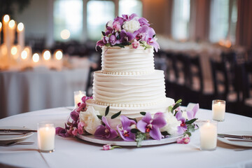 Obraz na płótnie Canvas Wedding cake on table. Rich, decadent, beautiful white wedding cake on table at wedding. Generative AI