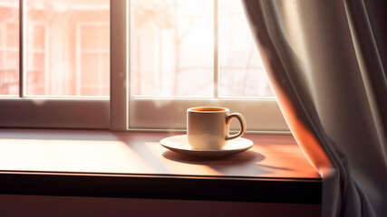 Cup of Coffee on Windowsill. Morning Sunlight, Cozy Home, Relaxing Break Time Concept.