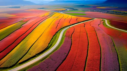 Foto op Aluminium Aerial view of a winding road meandering through vast colorful fields of flowers. © art4all