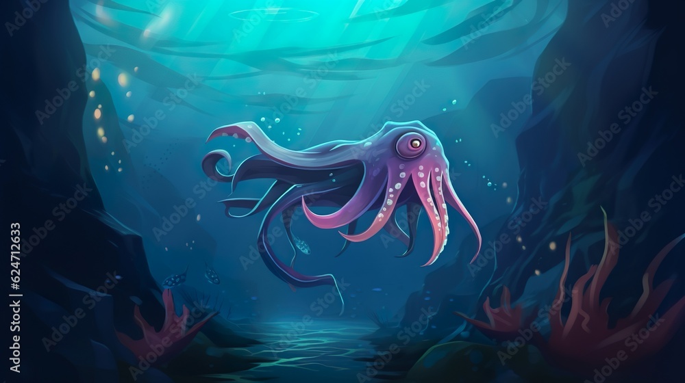Poster abstract background giant squid. a captivating banner design featuring an intriguing illustration of