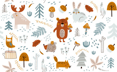Vector seamless pattern with hand drawn wild forest animals, - 624712602