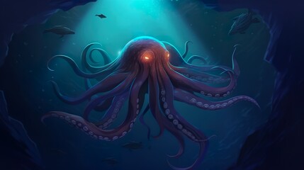 Abstract background giant squid. Intricate illustration showcasing the awe-inspiring presence of a giant squid in a mesmerizing composition. Generative AI.