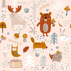 Vector seamless pattern with hand drawn wild forest animals,