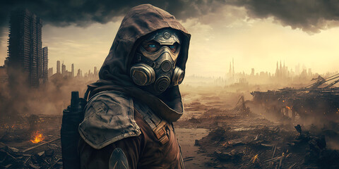 Survivor explores a city destroyed by nuclear war. Realistic digital illustration. Fantastic Background. Concept Art. CG Artwork. Generative AI.