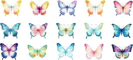 Watercolor set of bright vector hand painted butterflies white background © EnelEva