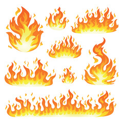 Set of cartoon fire flames, isolated on white background. Vector illustration in flat cartoon style 