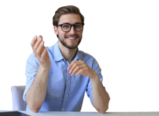Smiling handsome businessman is sitting at the desk and having video call or conversation with client on a transparent background.