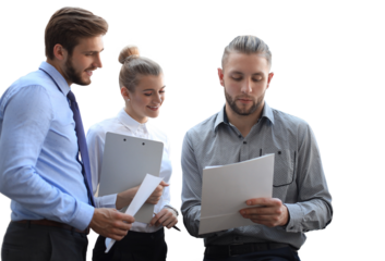 Business partners discussing documents and ideas at meeting on a transparent background.