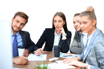 Group of young business people working, communicating while sitting at the office desk together with colleagues on a transparent background.
