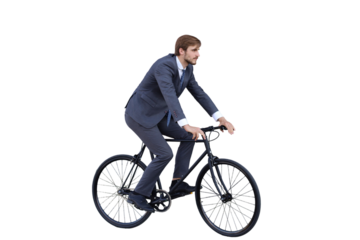 Handsome young businessman riding on his bicycle on a transparent background. Ecologic transport concept.