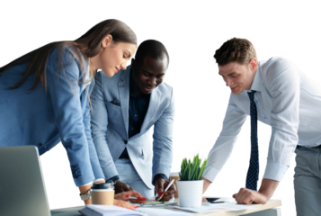 startup business team on meeting brainstorming, working on laptop and tablet computer on a transparent background
