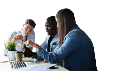 startup business team on meeting brainstorming, working on laptop and tablet computer on a transparent background