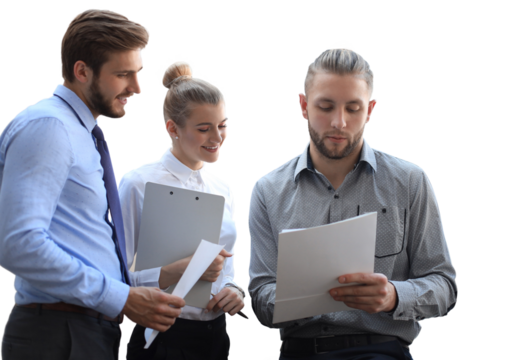 Business partners discussing documents and ideas at meeting on a transparent background.