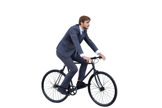 Handsome young businessman riding on his bicycle on a transparent background. Ecologic transport concept. - Powered by Adobe