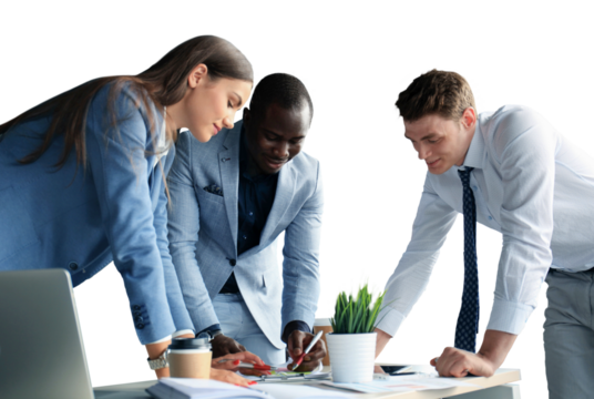 startup business team on meeting brainstorming, working on laptop and tablet computer on a transparent background