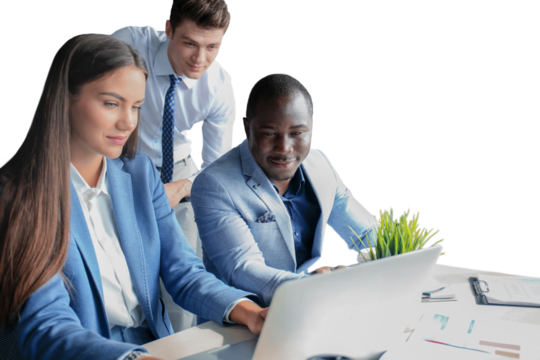 startup business team on meeting brainstorming, working on laptop and tablet computer on a transparent background