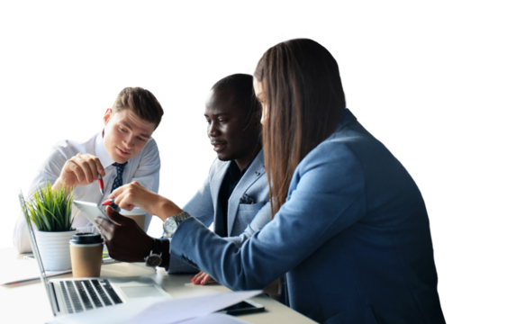 startup business team on meeting brainstorming, working on laptop and tablet computer on a transparent background