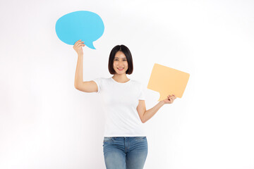 Portrait of woman holding a empty blue and brown speech bubble isolated on white background