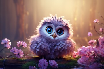 Cute illustration of a baby owl in the forest with unruly fluffy feathers and adorable big eyes and expression, surrounded by vibrant colorful flowers and leaves - generative AI 